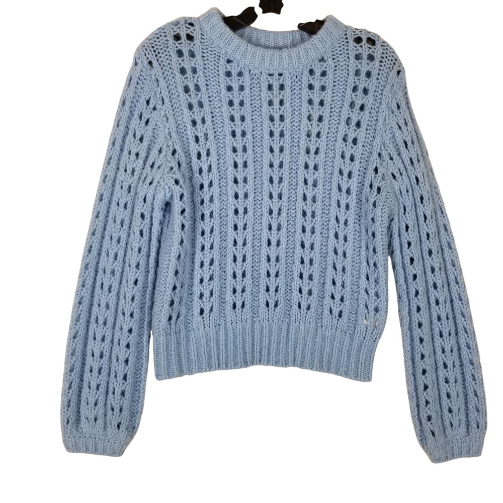 Bik Bok Womens Blue Open Knit Wool Blend Sweater‎ Size S Pointelle Crewneck Soft